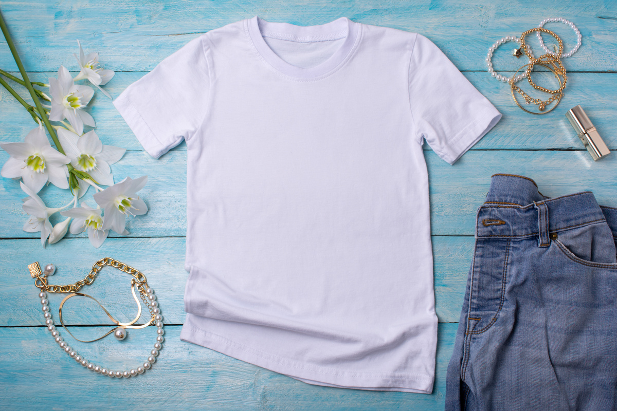 Womens T-shirt mockup with lilies and lipstick